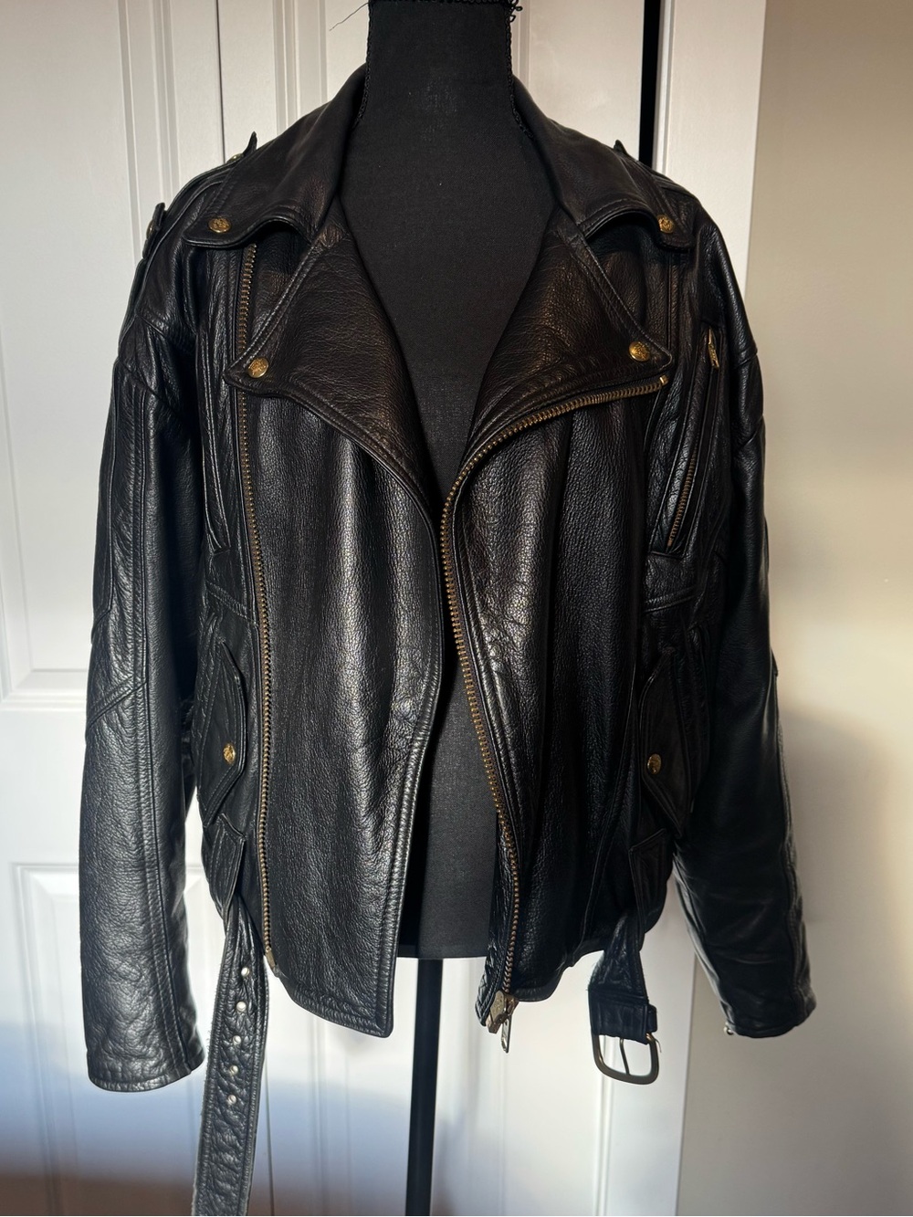 Women's Black Leather Moto Jacket with Belt